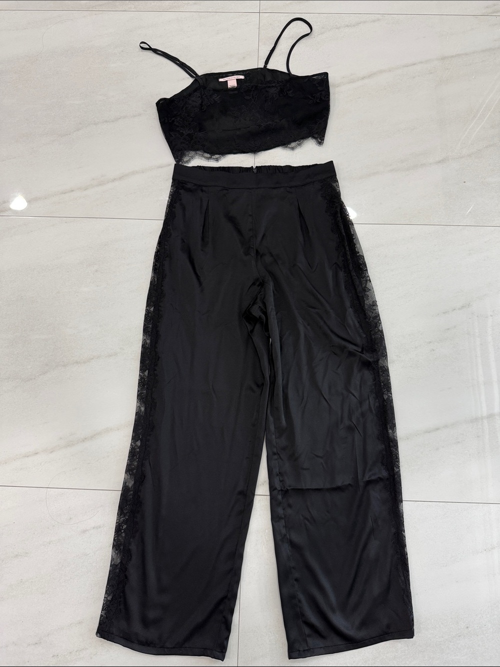 Victorias Secret Black Lace Trim Satin Crop Top & Wide Leg Pants Set